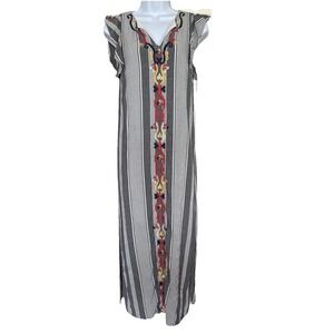 THML‎ Embroidered Small Maxi Dress Gray & White Stripe Boho